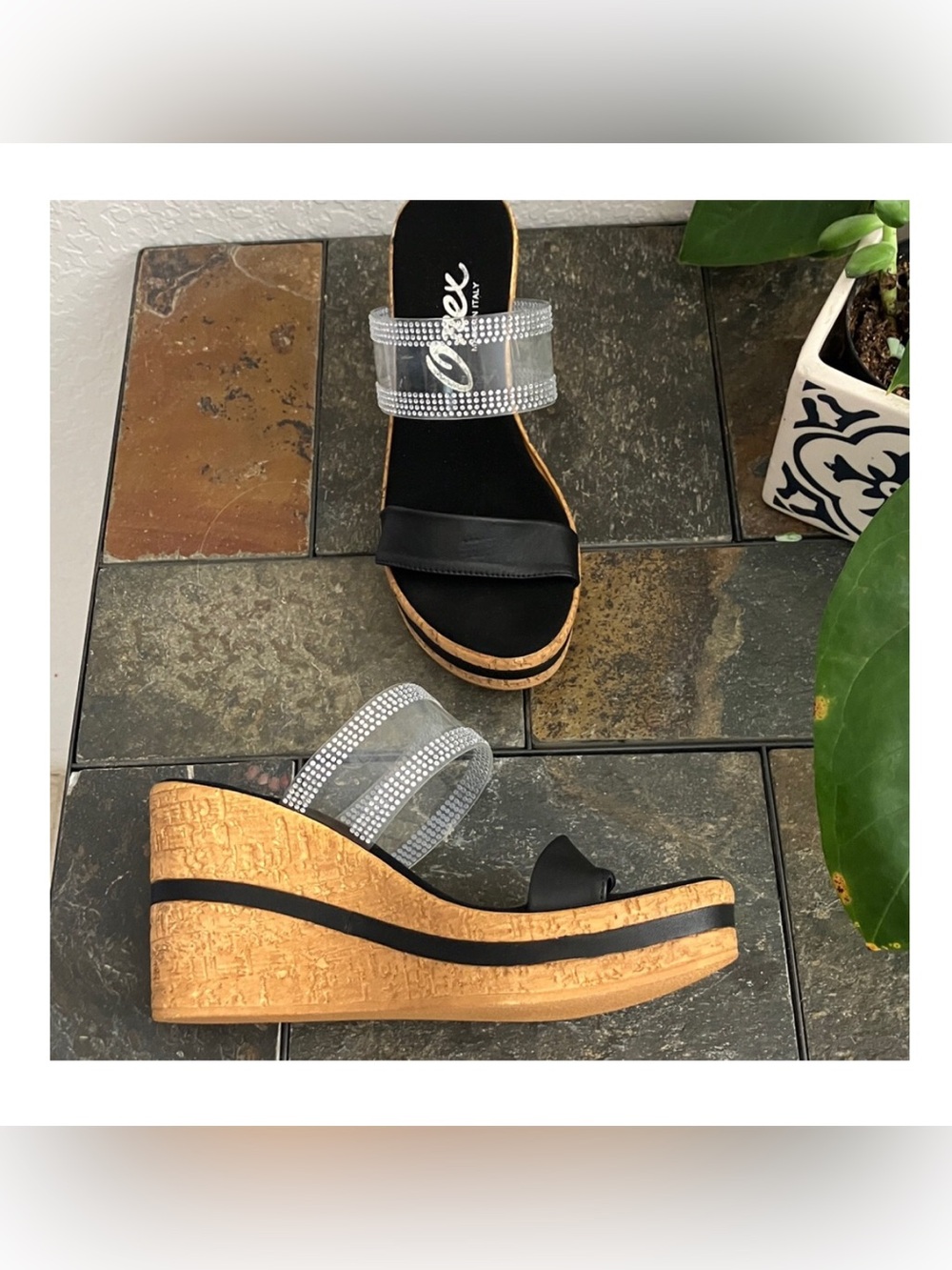 Onex Vanish NEW Black and Cork Wedge Sandals with Rhinestone Straps‎ Size 5